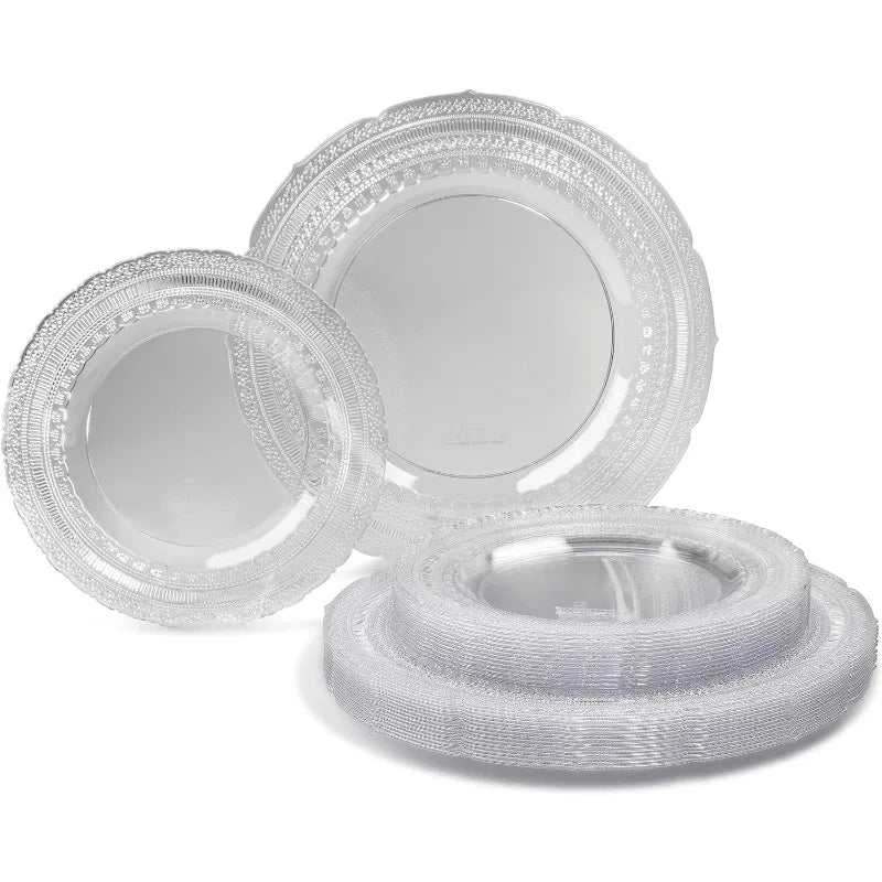 240 Plates Pack,(120 Guests) Extra Heavyweight Vintage Wedding Disposable/Reusable Plastic Plates