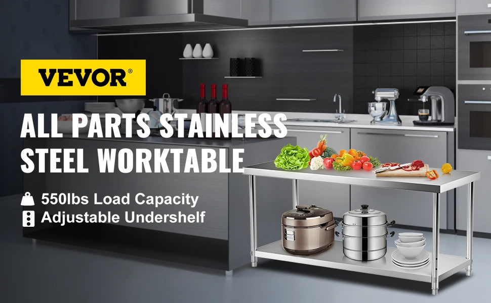 Stainless Steel Prep Table, 72 x 30 x 34 Inch, 550lbs Load Capacity Heavy Duty Metal Work Table