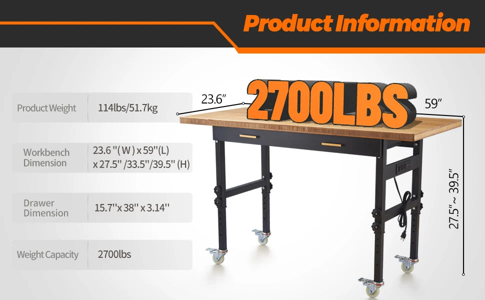 Workbench with Drawer, Power Outlet, Wheels, 59×23.6" Heavy Duty Adjustable Work Table