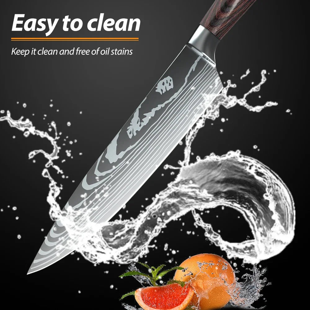 MDHAND 8/10pcs Kitchen Knives Set Laser Damascus Pattern Chef Knife High Carbon Stainless Steel