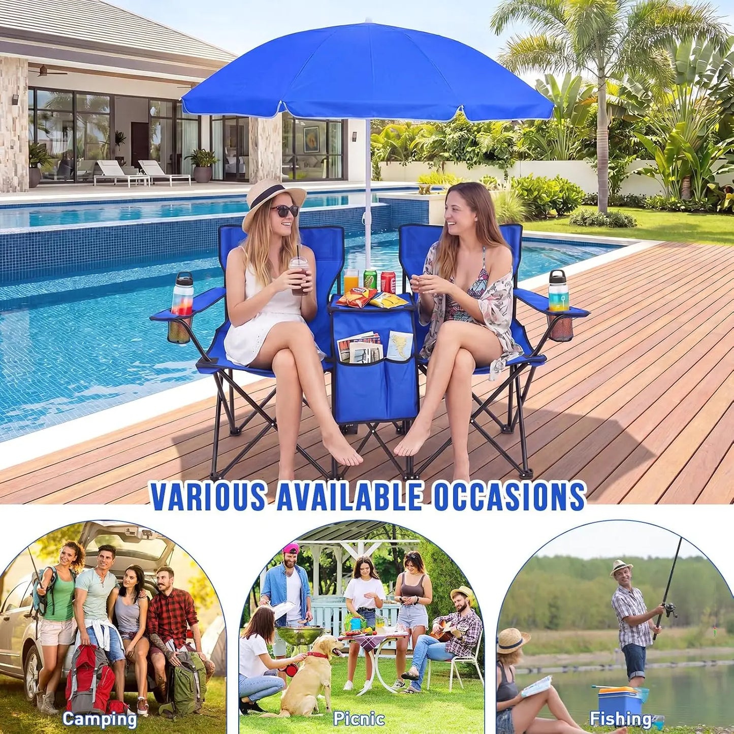 Double Camping Chair Set With Umbrella And Cooler Two Person Folding Loveseat Chair