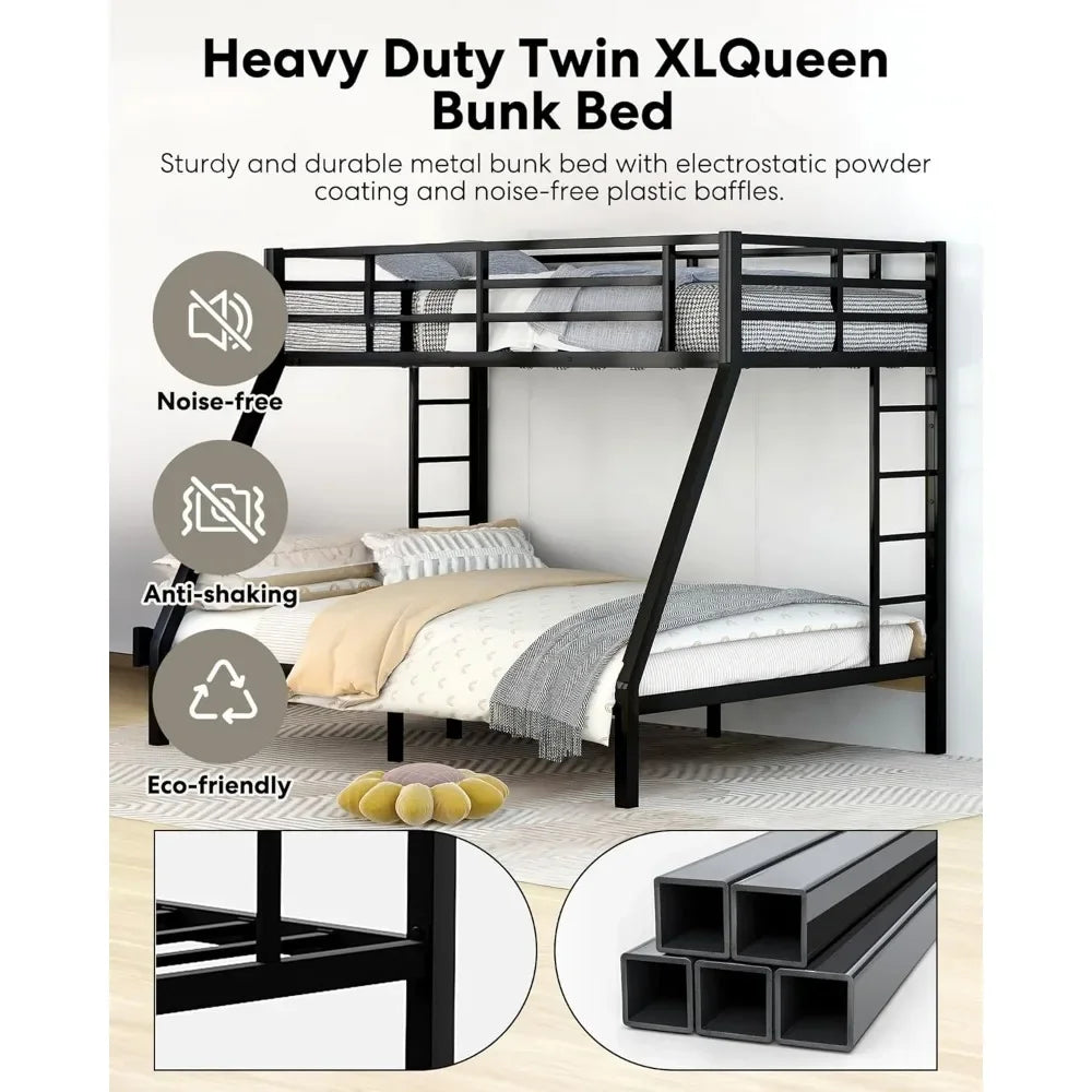 Metal Twin XL Over Queen Bunk Bed, Heavy Duty Twin XL Bunk Bed with 2 Safety Side Ladder