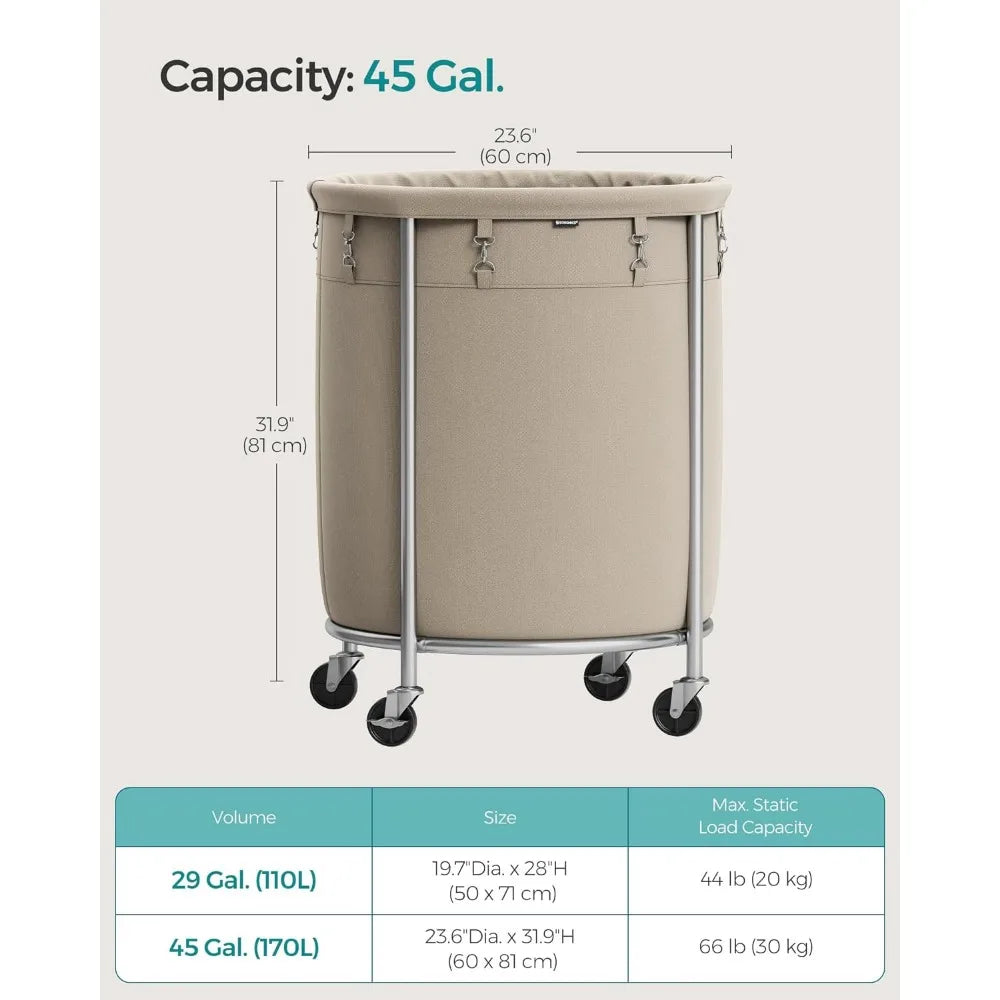 SONGMICS Laundry Basket with Wheels, Rolling Laundry Hamper, 29 Gal w/ Steel Frame and Removable Bag