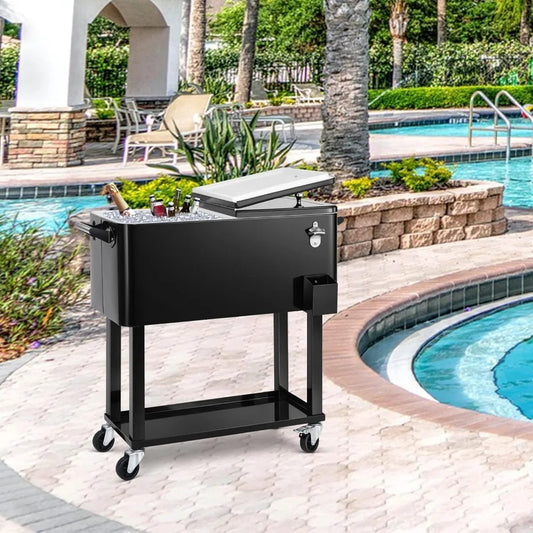 80 Quart Rolling Ice Chest Cooler Cart,Patio Backyard Party/Bar Stand Up Cooler Trolley w/Ice Scoop