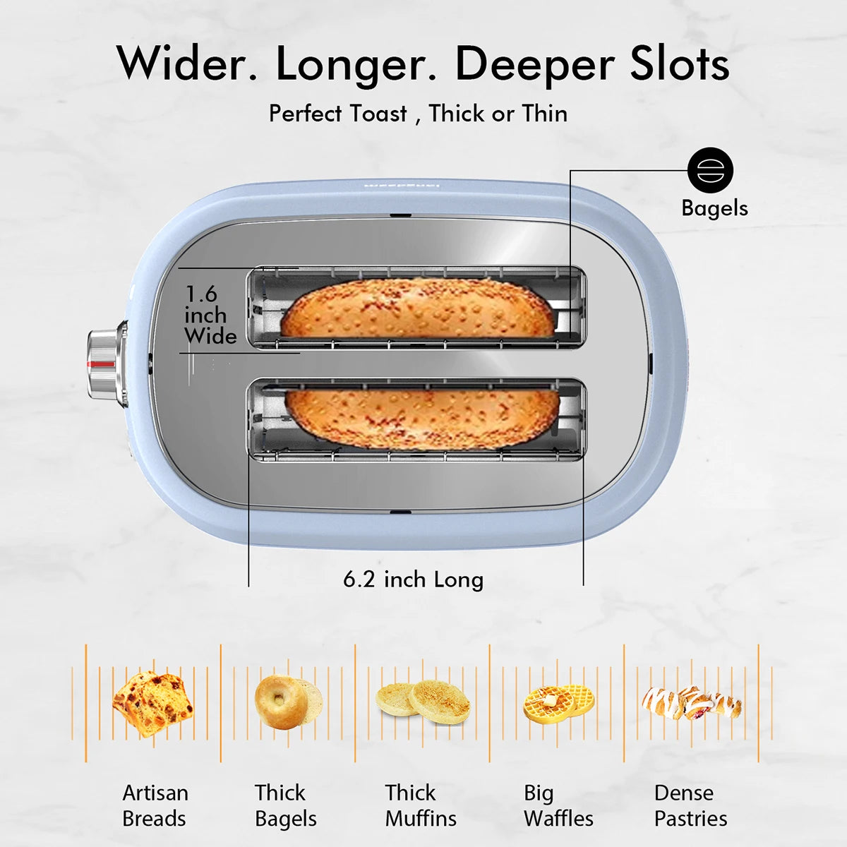 2 Slice Toaster w/1.5" Extra Wide Slots & Crumb Tray 6 Options Auto Shut Off & Frozen Function, Blue