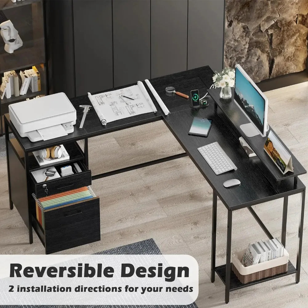 Reversible Computer Desk w/Power Outlets & File Cabinet L Shaped Corner Desk/Monitor Stand & Shelves