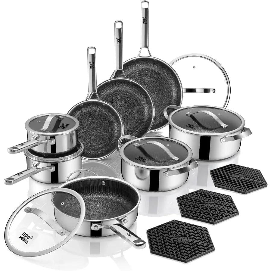 Pots and Pans Set Hybrid Stainless Steel 17PC Nonstick TriPly Cookware Frying pan PFOA Free