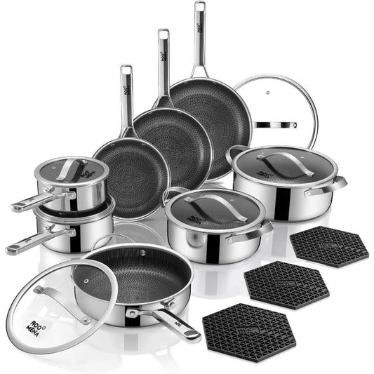 Pots and Pans Set Hybrid Stainless Steel 17PC Nonstick TriPly Cookware Set w Frying pan