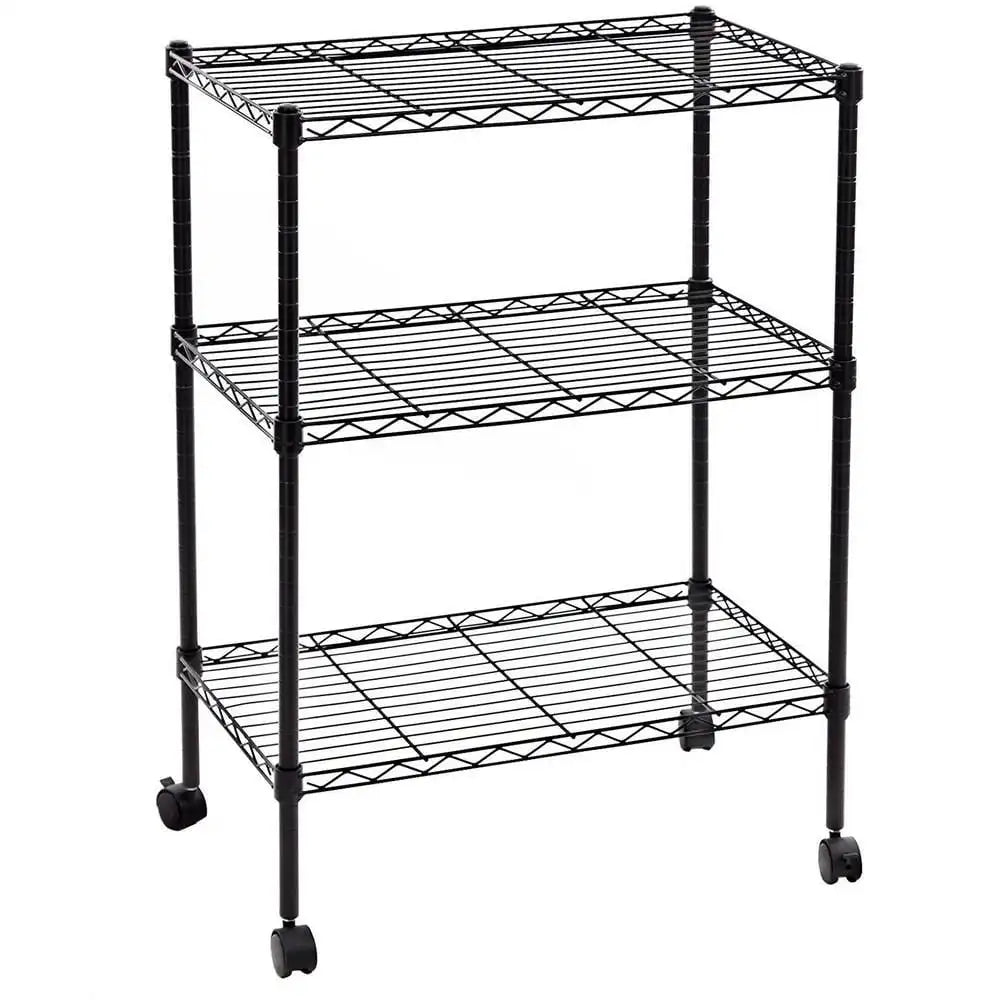 3 Tier Wire Shelving, Adjustable Storage Rack Metal Rolling Cart Chrome/Black