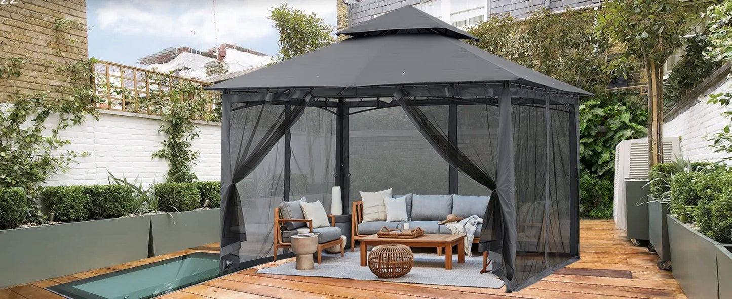 Garden Gazebo for Patios with Stable Steel Frame and Netting Walls (10x10, Black),