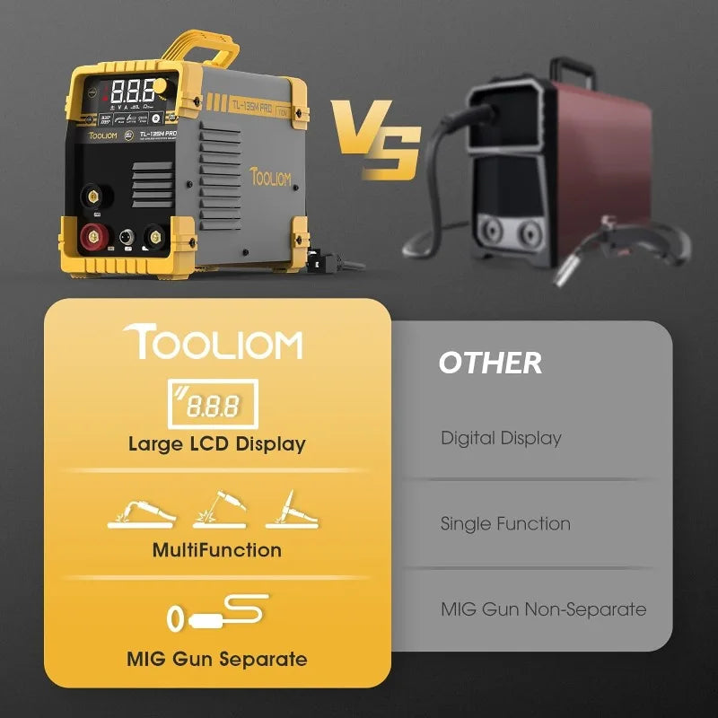 TOOLIOM 135A Gasless Flux Core MIG Welder/TIG/Stick 3 in 1 Welding Machine IGBT DC Inverter 110 Volt