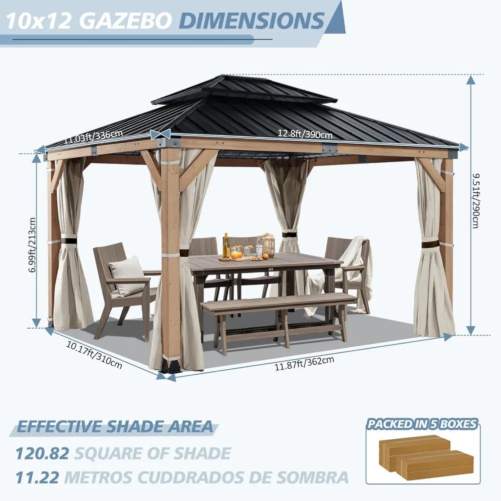 Wood Gazebo 10x12 ft –Gazebo Wooden with Double Metal Roof with Mosquito Netting