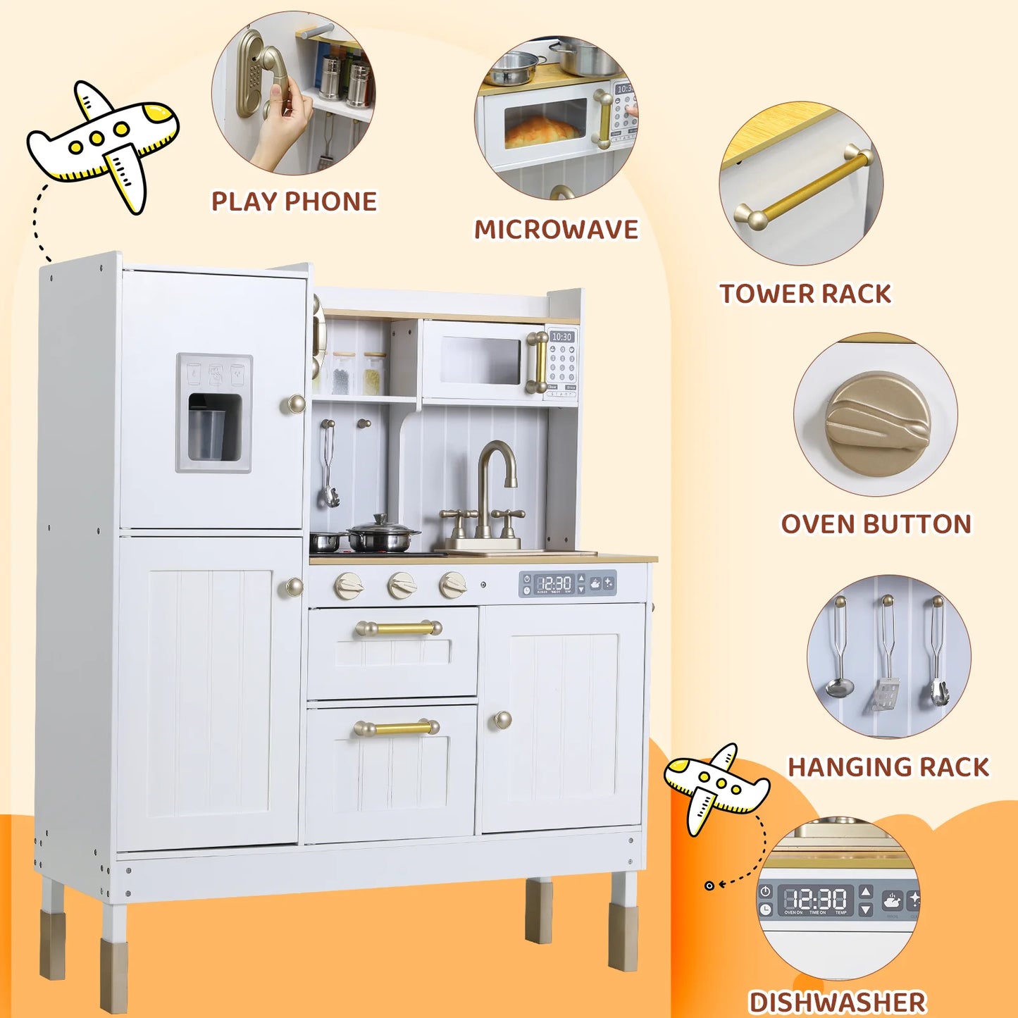 Play Kitchen for Kids, Preschool Kitchen Sets, Wooden Cooking Playset w/Realistic Light & Sound