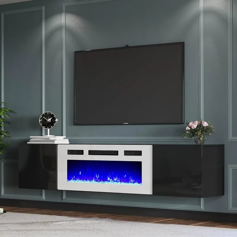 Floating TV Stand w/ 36" Electric Fireplace,High Gloss Finish Wall Mounted Entertainment Center