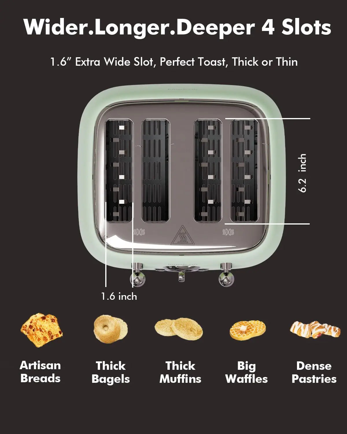 Retro 4-Slice Toaster 1.6" Wide Slots - 6 Settings Bagel Function, Stainless Steel, Defrost/Cancel