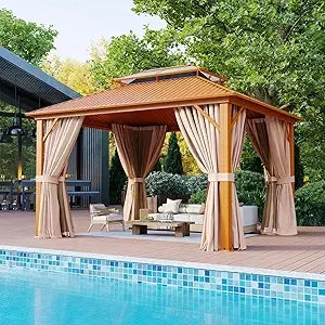 12'x10' Hardtop Gazebo, Aluminum Frame Permanent Pavilion with Curtains and Netting, Polycarbonate
