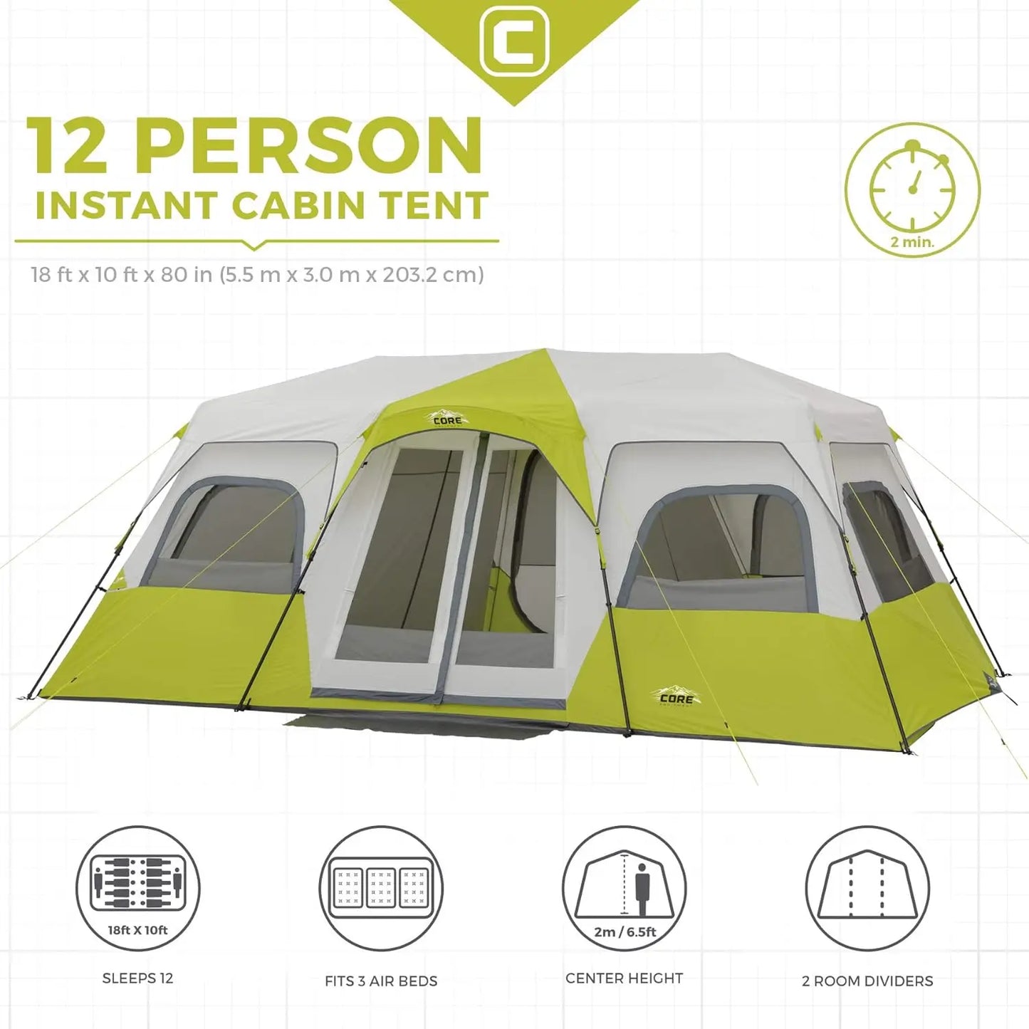 CORE 12-person instant cabin tent with 3 rooms and storage pockets, portable and sets up in 2 min