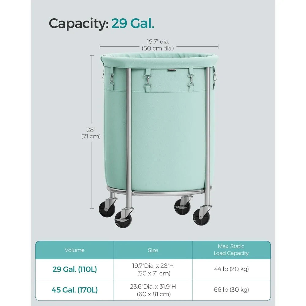 SONGMICS Laundry Basket with Wheels, Rolling Laundry Hamper, 29 Gal w/ Steel Frame and Removable Bag