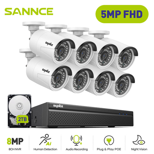 SANNCE 5MP Outdoor Surveillance Camera System 8MP NVR IR Night Vision Waterproof POE Video CCTV Kit