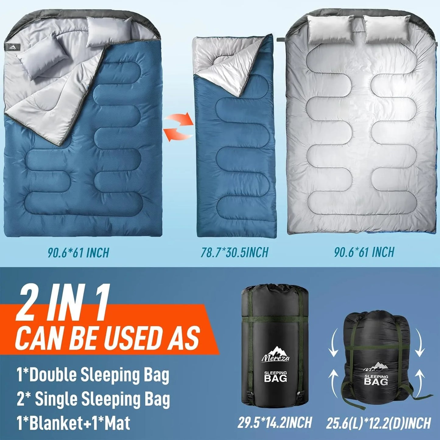 MEREZA Double Sleeping Bag for Adults Mens w/Pillow XL Queen Size Two Person Bag