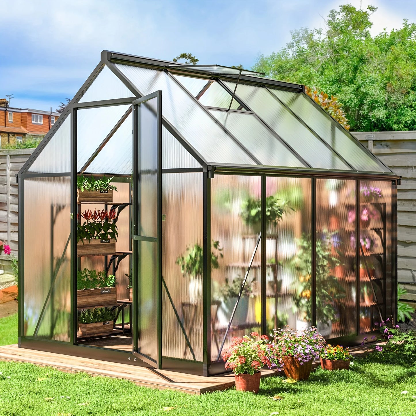 Polar Aurora 6x7FT Polycarbonate Greenhouse, PC Panels & Aluminum Frame w/ Vent Windows