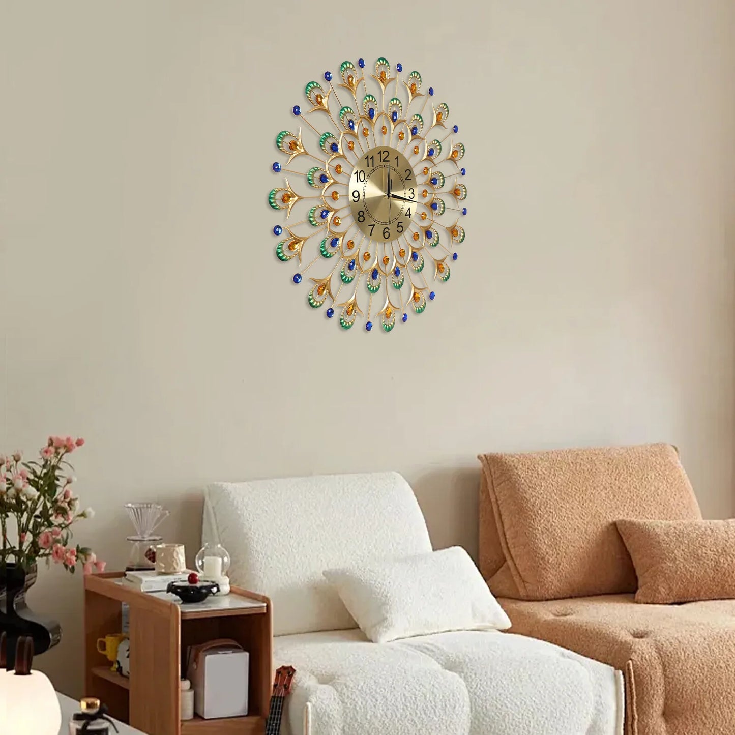 Peacock Feather Wall Clock 24" Gold, Silent Quartz Movement Large Clock, Modern Artistic Wall Decor