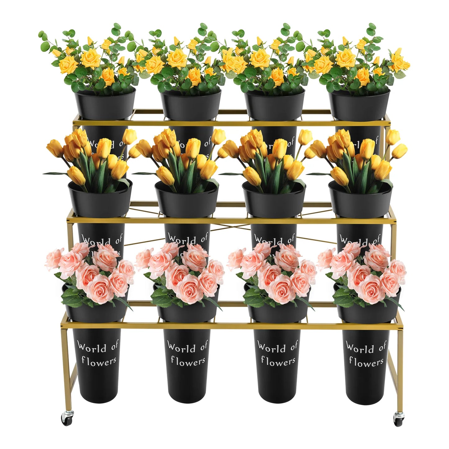 3 Layers Flower Display Stand with 12PCS Black Buckets,Metal Moving Plant Stand w/Wheels Display