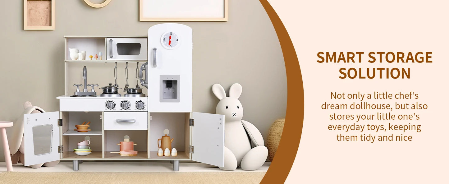 Kids Kitchen Playset, Preschool Cooking Kitchen, Toddler Wooden Pretend Play Toy w/Fridge, Stove