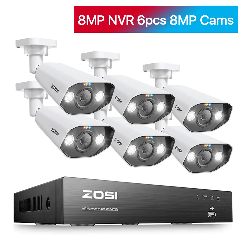 ZOSI 8CH POE Video Surveillance Kit 4K 8MP 5MP Super HD Outdoor IP Cameras AI Starlight Night Vision