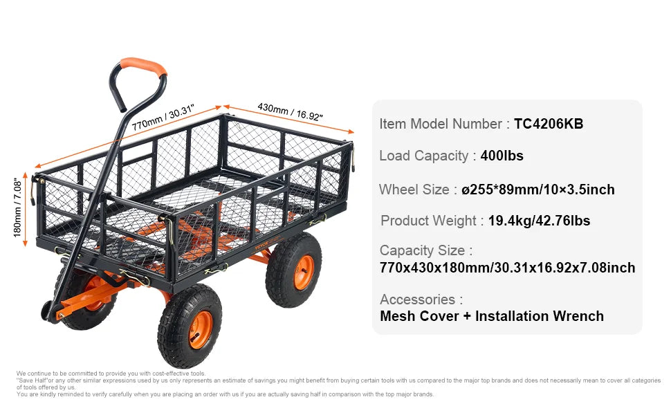SucceBuy Garden Cart Sturdy Metal Utility Wagon Versatile Dump Cart Wheelbarrow 400/880lbs Capacity