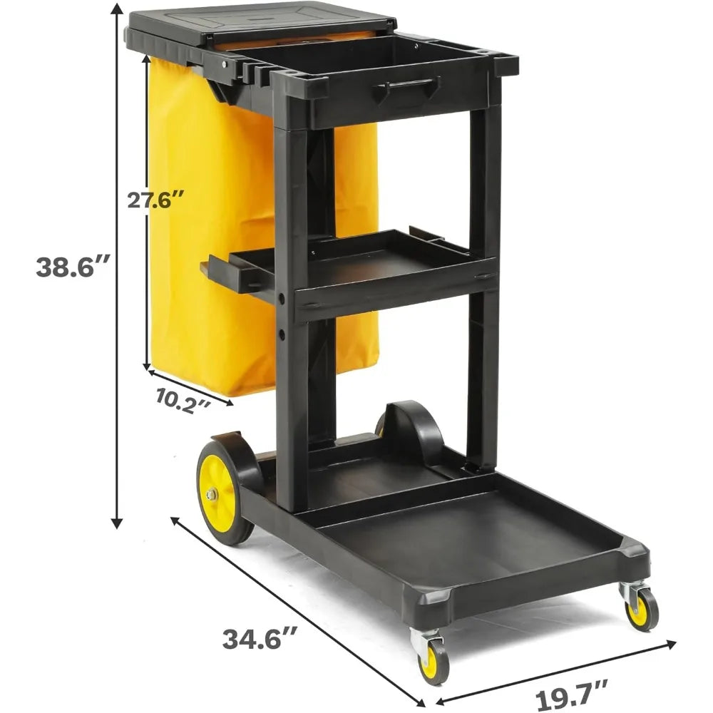 three-shelf traditional plastic janitorial cleaning cart with two yellow shelves for commercial