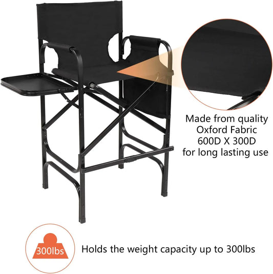 30" Tall Directors Chair Black Folding w/Side Table Storage Bag,300 lbs 19.2" D x 23.6" W x 45.6" H
