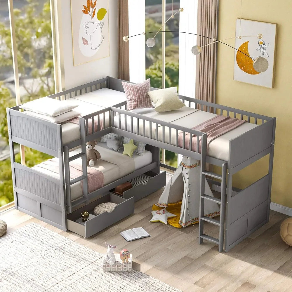 Size Bunk Bed/Loft Bed w/2 Drawers, L-Shaped Corner Triple Bunk Bed, Twin-Over-Twin Bunkbeds' (Grey)