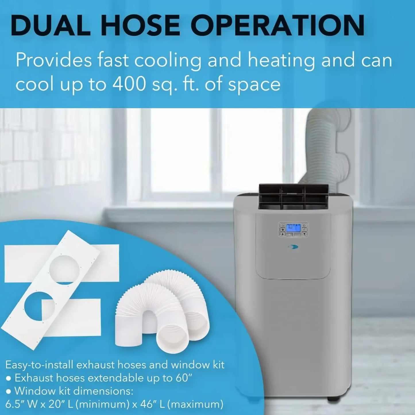 Elite ARC-122DHP Dual Hose Portable Air Conditioner,  Heater/ Dehumidifier/Fan, Up to 12 ,000 BTU