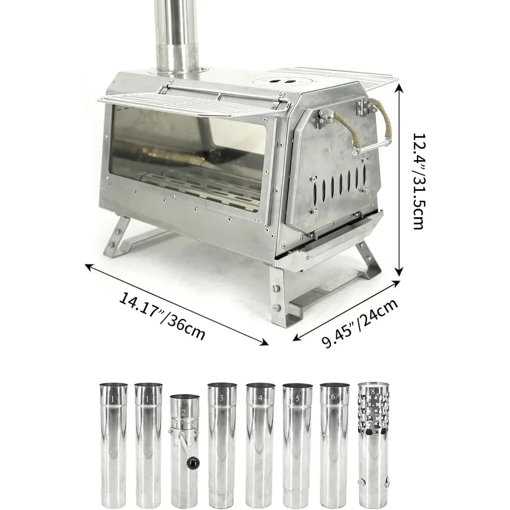 Secondary Combustion Portable Wood Burning Stove W/Side Glass Gas Camping Stove Chimney Pipes Inc