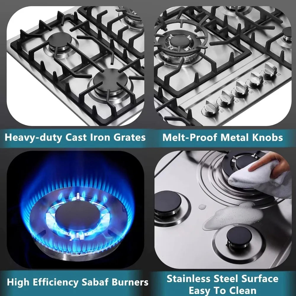 34 Inch Cooktop Stainless Steel Built-in 5 Burners Stovetop LPG/NG Convertible Gas Stove Top Dual Fuel