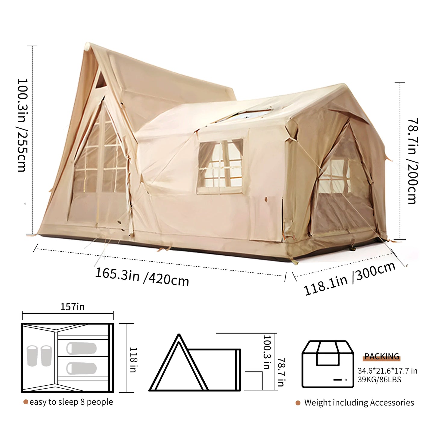 Inflatable Tents for Camping, 8 Person Tent w/TPU Skylight, Mesh Windows & Pump, 4 Season Glamping