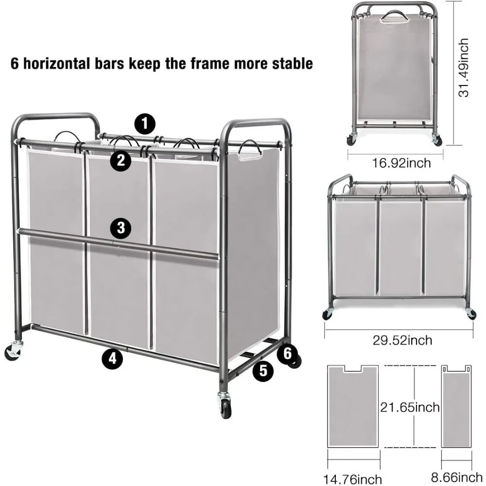 STORAGEMANIAC 3 Section Laundry Sorter, 3 Bag Laundry Hamper Cart w/Heavy Duty Rolling Wheels