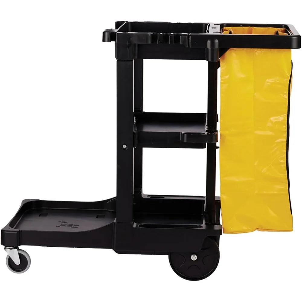 Traditional Janitorial 3-Shelf Cleaning Cart, Wheeled with Zippered Yellow Vinyl Bag