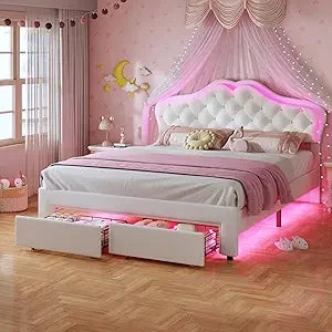 Twin Size Girl Bed with Storage Drawer & LED Lights,Adjustable Headboard with Velvet Crystal Button