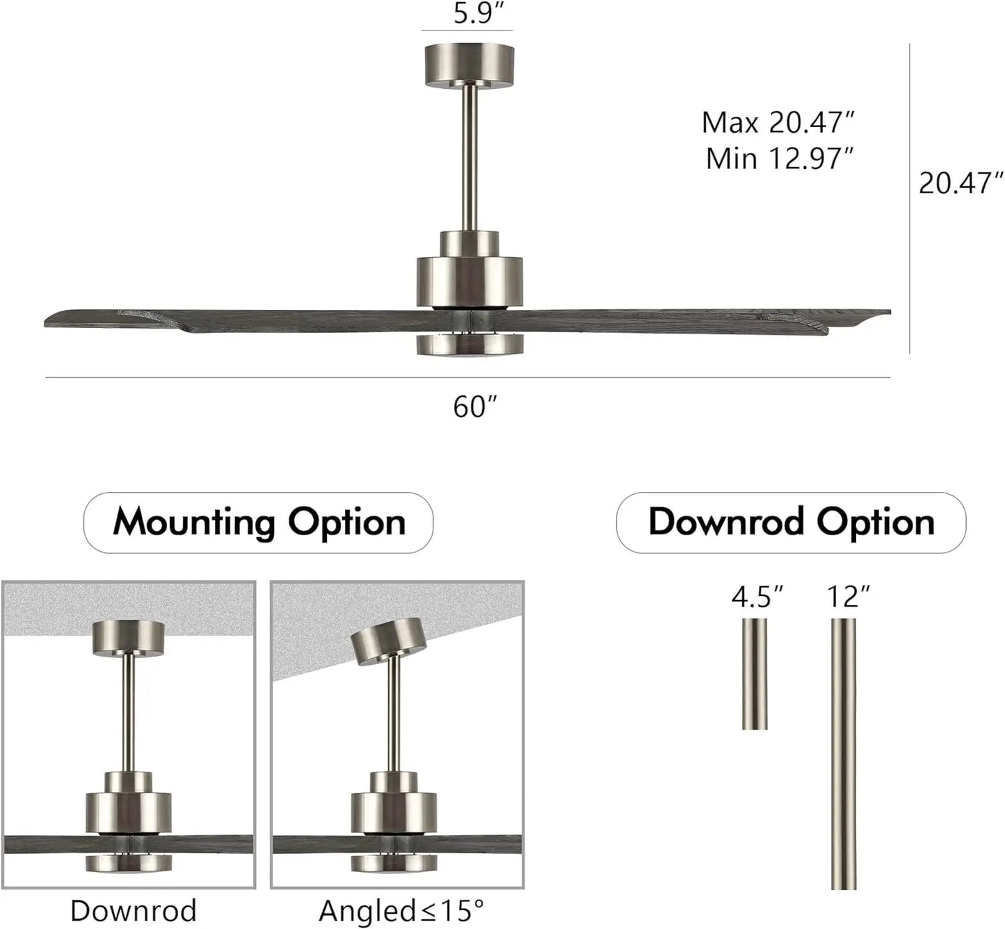 60" Modern Ceiling Fan w/Lights & Remote Control, 5 Solid Wood Blades 6-Speed Reversible DC Motor