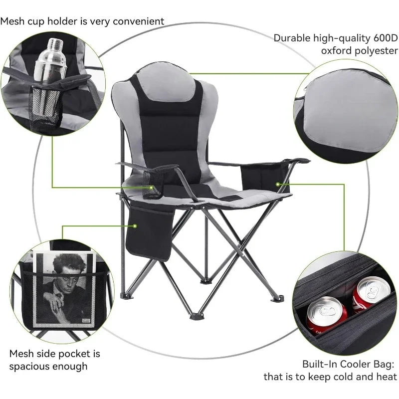 Outdoor Folding Camping Chairs w/ Cup Holder, Cooler Bag, Supports up to 300lbs (2 Pcs, Black)
