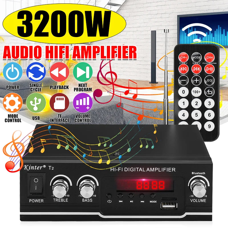 AK380 Power Amplifier Audio Karaoke Home Theater Amplifier 2 Channel Bluetooth USB/SD AUX