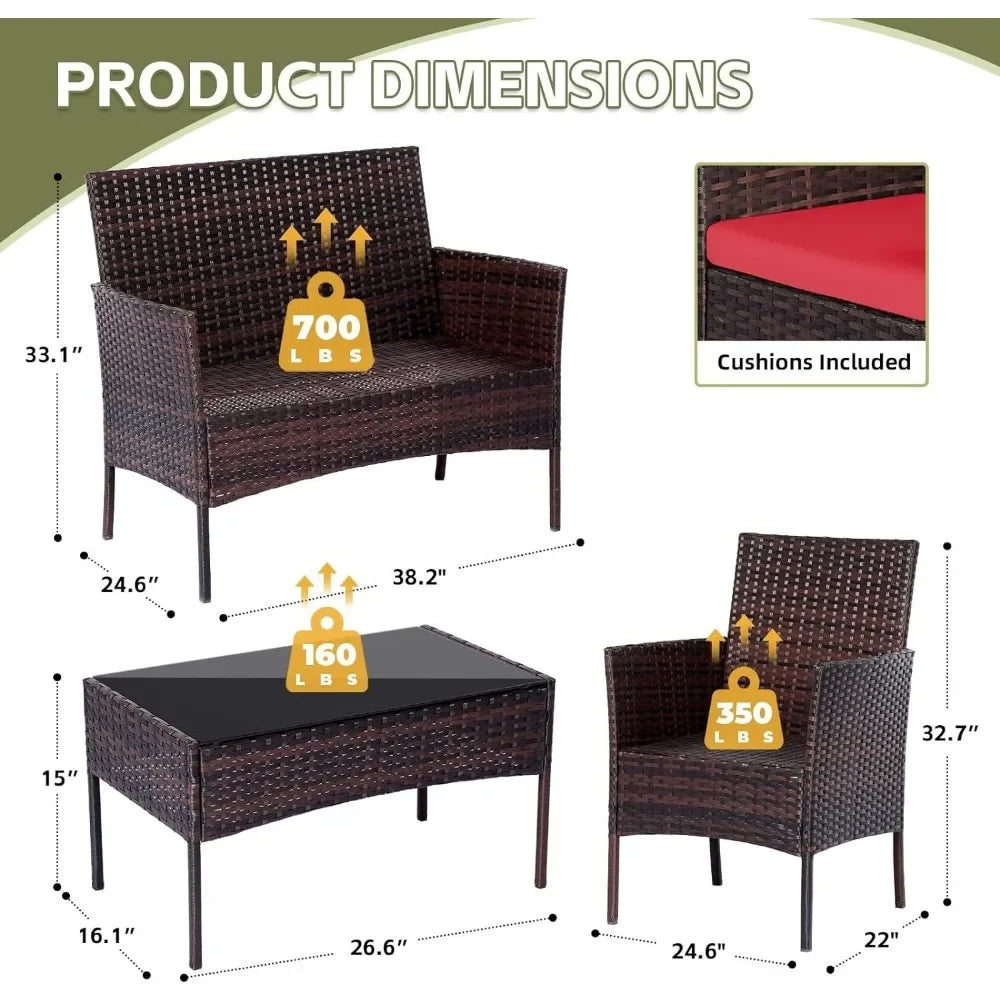 Set 4 Pieces Conversation Sets Wicker Rattan Chairs Garden Loveseat & Tempered Glass Table