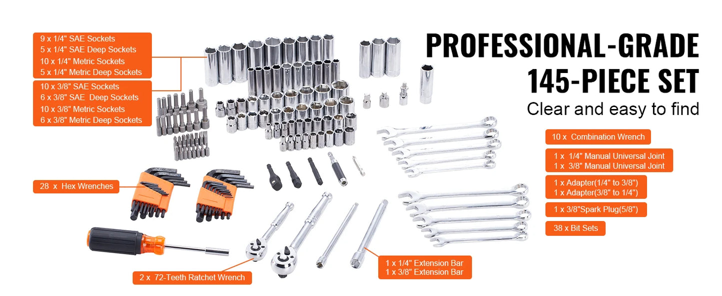 SucceBuy Mechanics Tool Set and Socket Set Deep and Standard Sockets 145/205 Pcs SAE and Metric