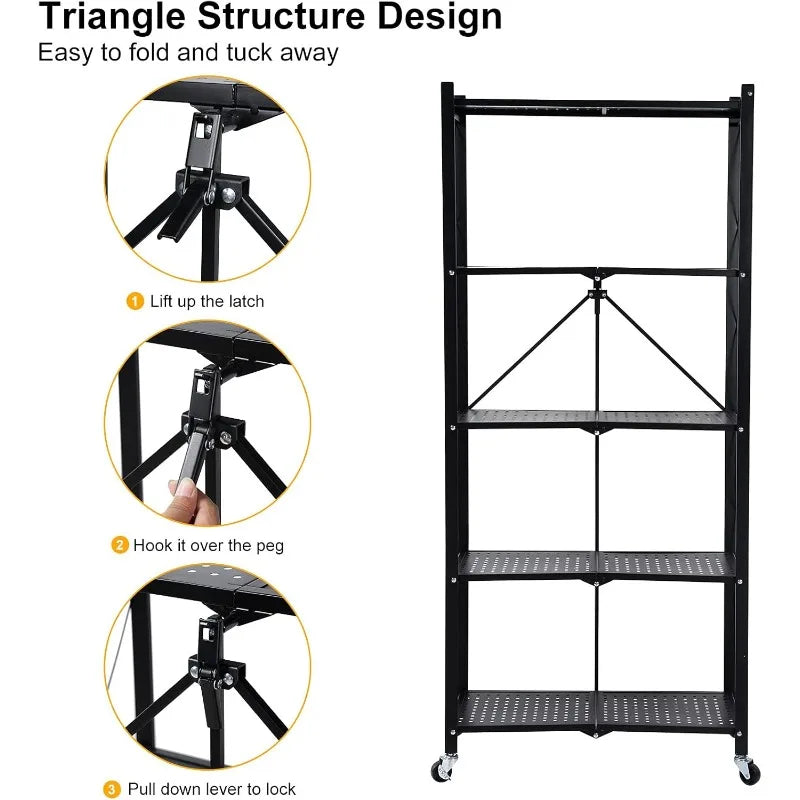 5-Tier Heavy Duty Foldable Metal Rack Storage Shelving Unit with Wheels Moving Easily Organizer