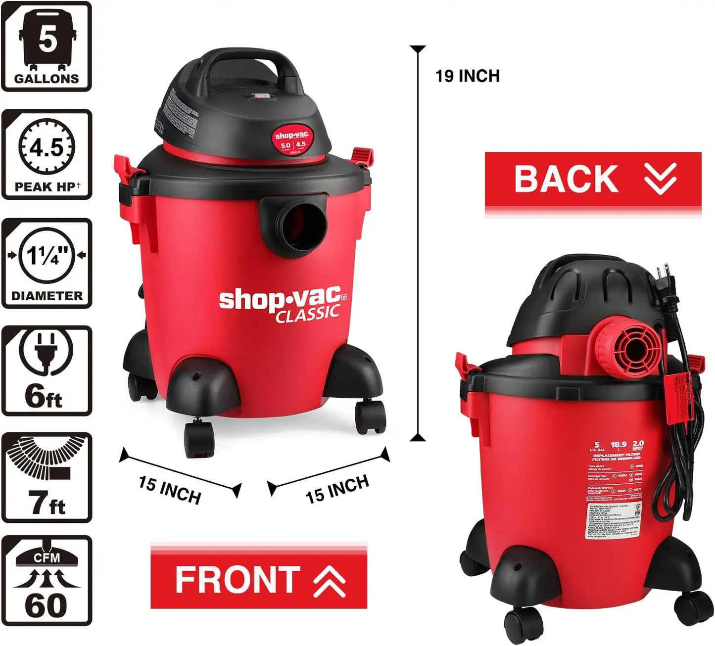 Shop-Vac 5 Gallon 4.5 Peak HP Wet/Dry Vacuum, Portable Heavy-Duty Shop Vacuum 3 in 1 Function