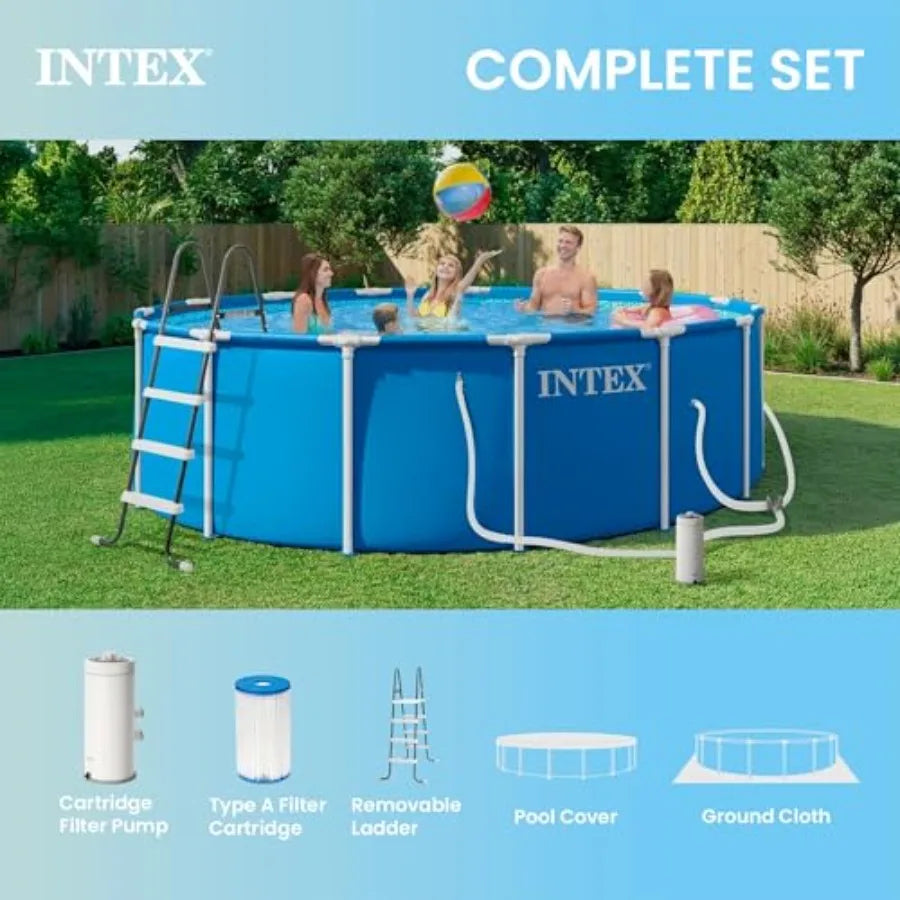 INTEX Above Ground Pool Set: Steel Frame, 15 ft x 48 in Round, Metallic Gray, Rust-Resistant Coating
