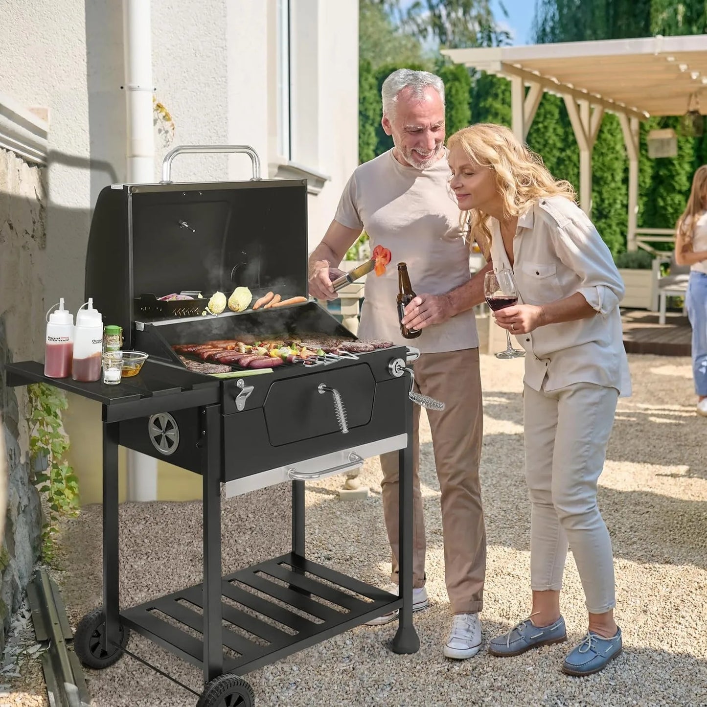 Royal Gourmet 24-Inch Charcoal Grill w/ Foldable Side Table, 490 Square Inch Heavy-duty BBQ Grill