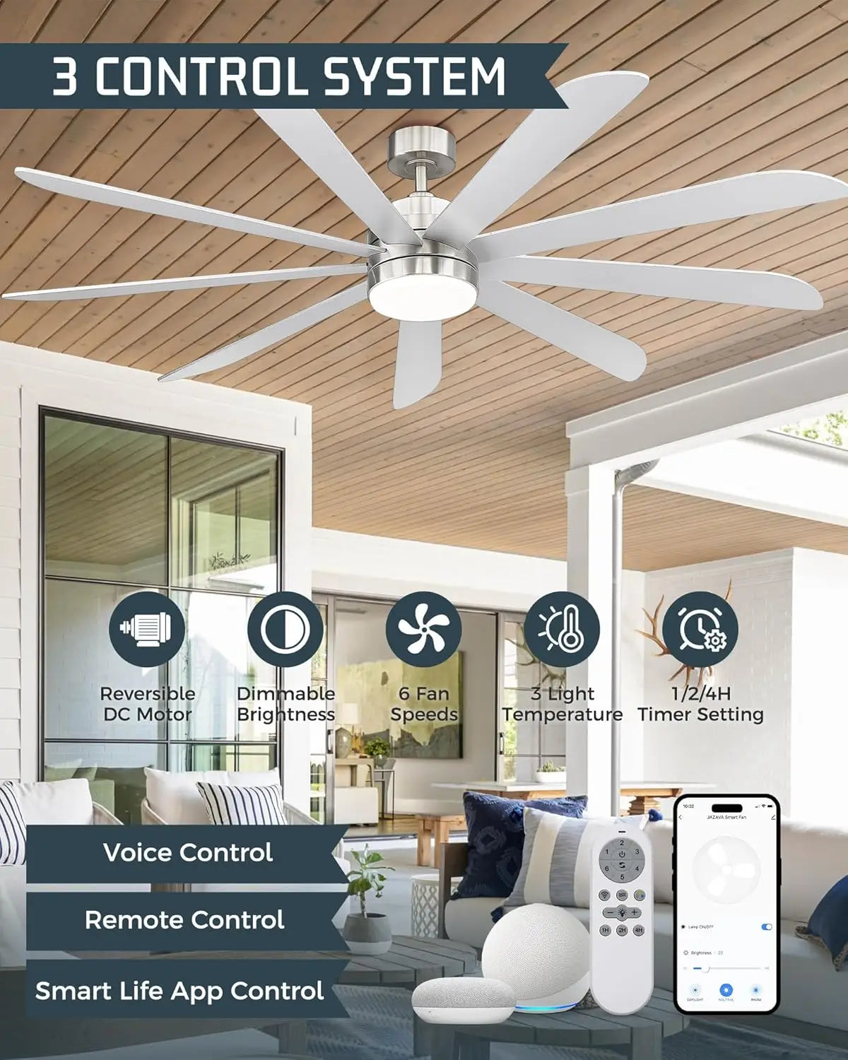 72 inch Large Ceiling Fans w/Lights Modern Ceiling Fan for Kitchen Living Room, 9 Blades Dual Nickel